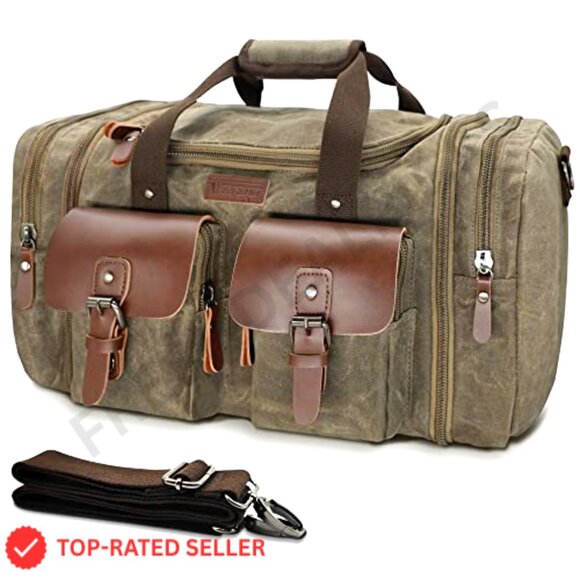 Waxed Canvas Travel Duffle Bag Waterproof Weekender Overnight Carry-On - Picture 2 of 7